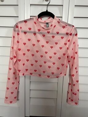Pink Heart Mesh Long-Sleeved Crop Top